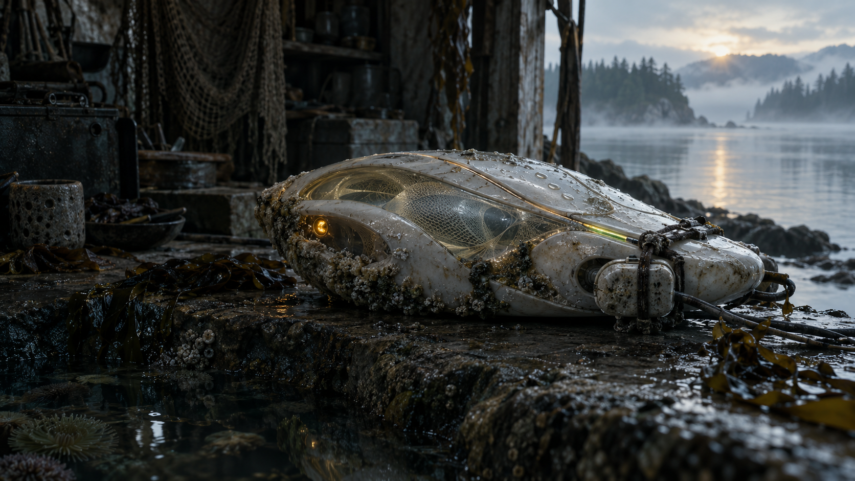 Fictional recovered coastal relay: a translucent ceramic shell, salt-encrusted repairs and a small amber light beside dark water.